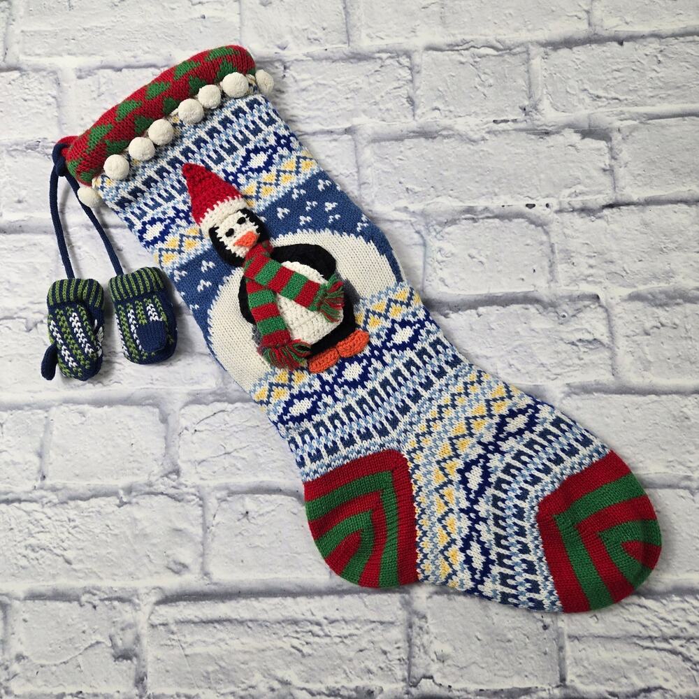 3D Knit Christmas Stocking Penguin Blue Fair Isle Mittens Pom Poms